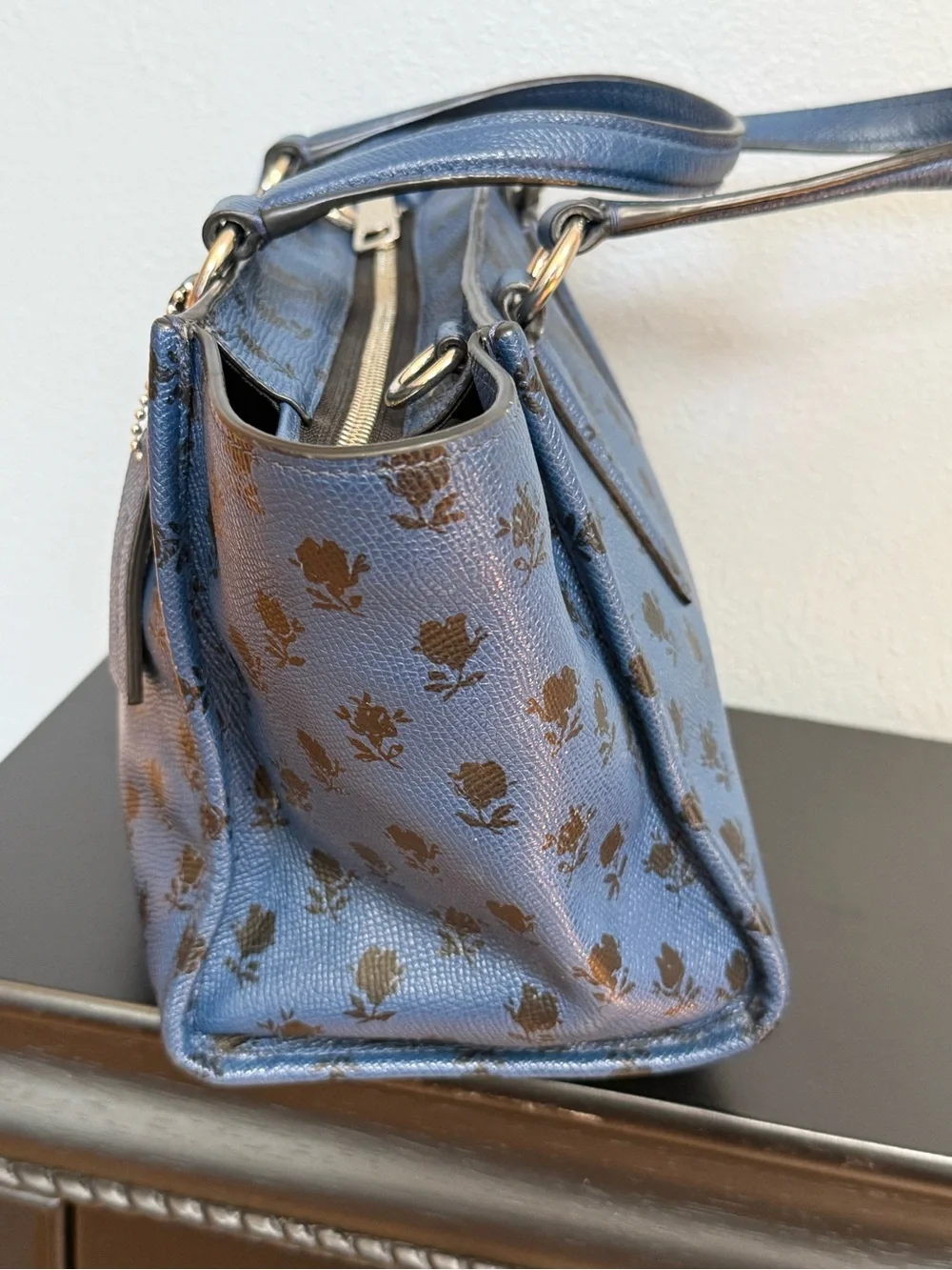 Coach Mini Crosby Carryall in Printed Crossgrain Leather Blue Black Flora